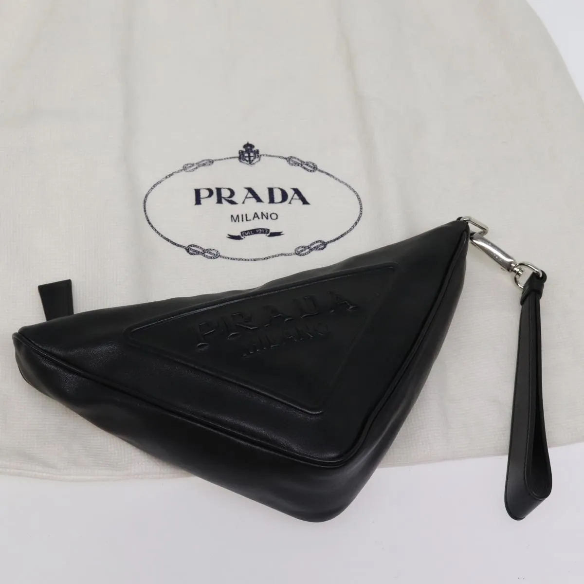 Trendy Inspired Prada Triangle Clutch Bag Leather Black Auth 76762a