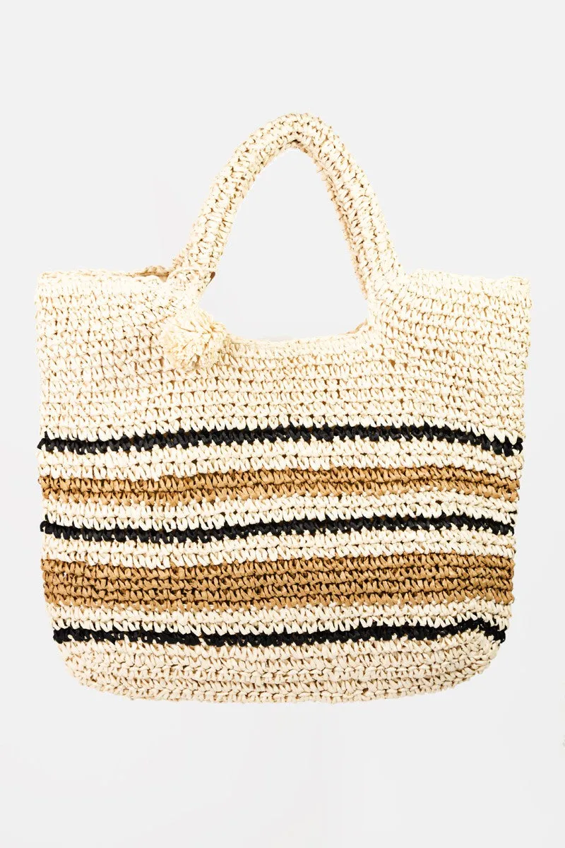 Women Fame Striped Straw Braided Tote Bag