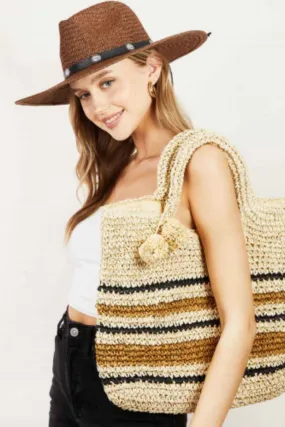 Women Fame Striped Straw Braided Tote Bag