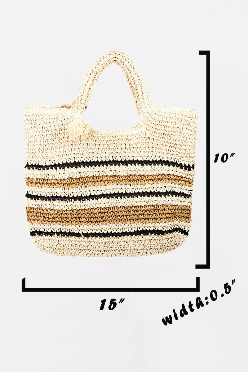 Women Fame Striped Straw Braided Tote Bag
